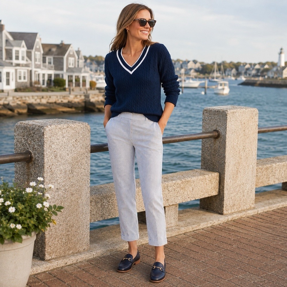 Talbots Seersucker Cropped Pants Sz 8 Blue White Striped Cotton Coastal Everyday